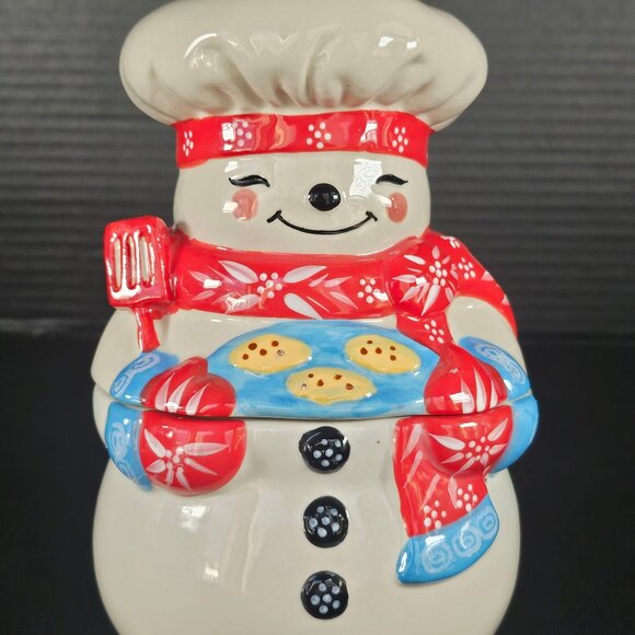 Temptations By Tara Snowman Chef Treat Jar. 8 Inch Hand Painted. 18 Ounce - Picture 1 of 11